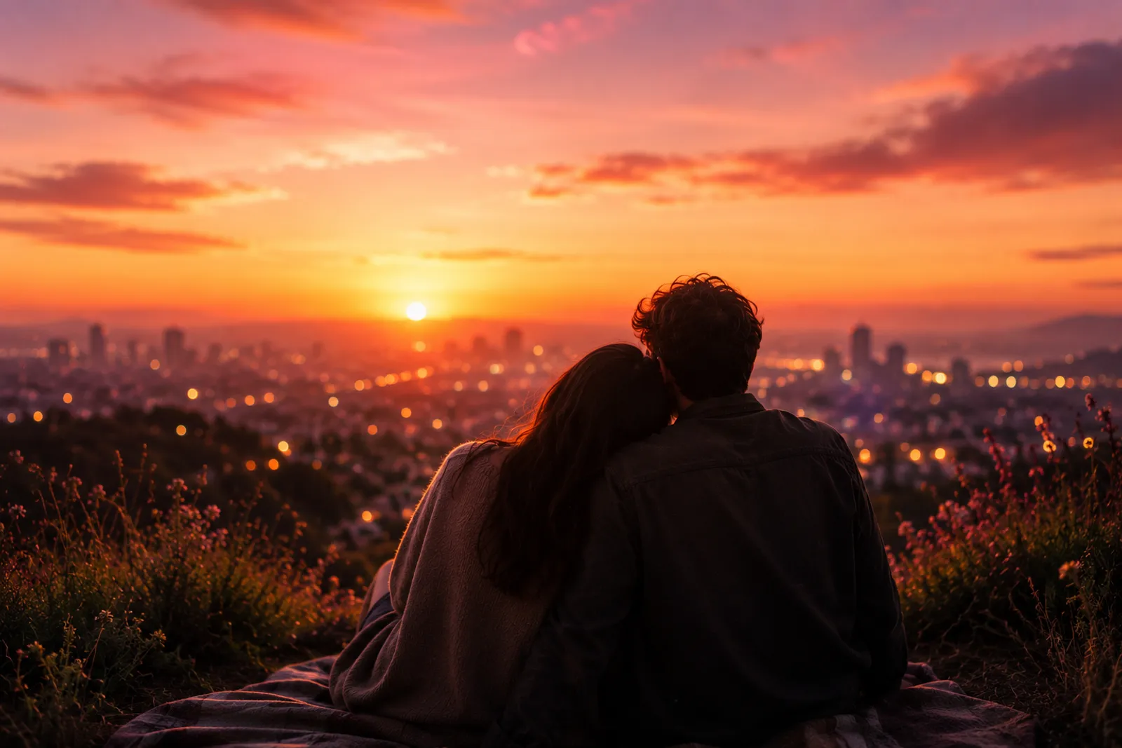 Two people watching the sunset over a city
